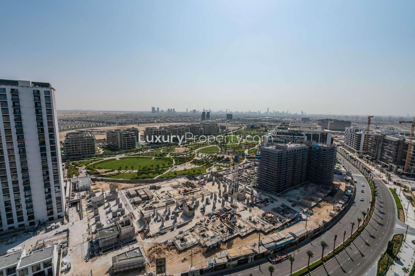 Aerial view of Park Heights, Dubai Hills Estate, featuring modern apartments and construction