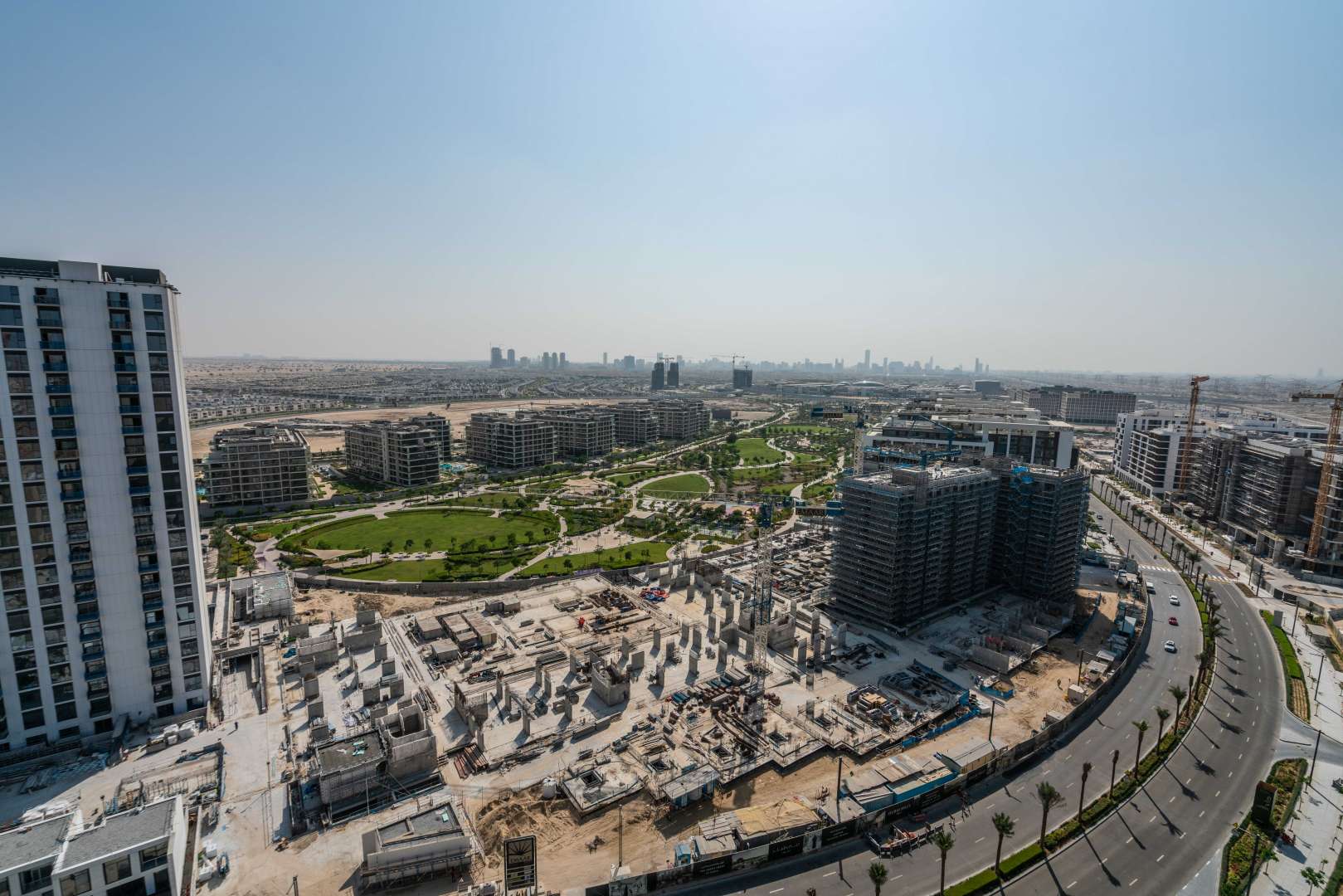 Aerial view of Park Heights, Dubai Hills Estate, featuring modern apartments and construction