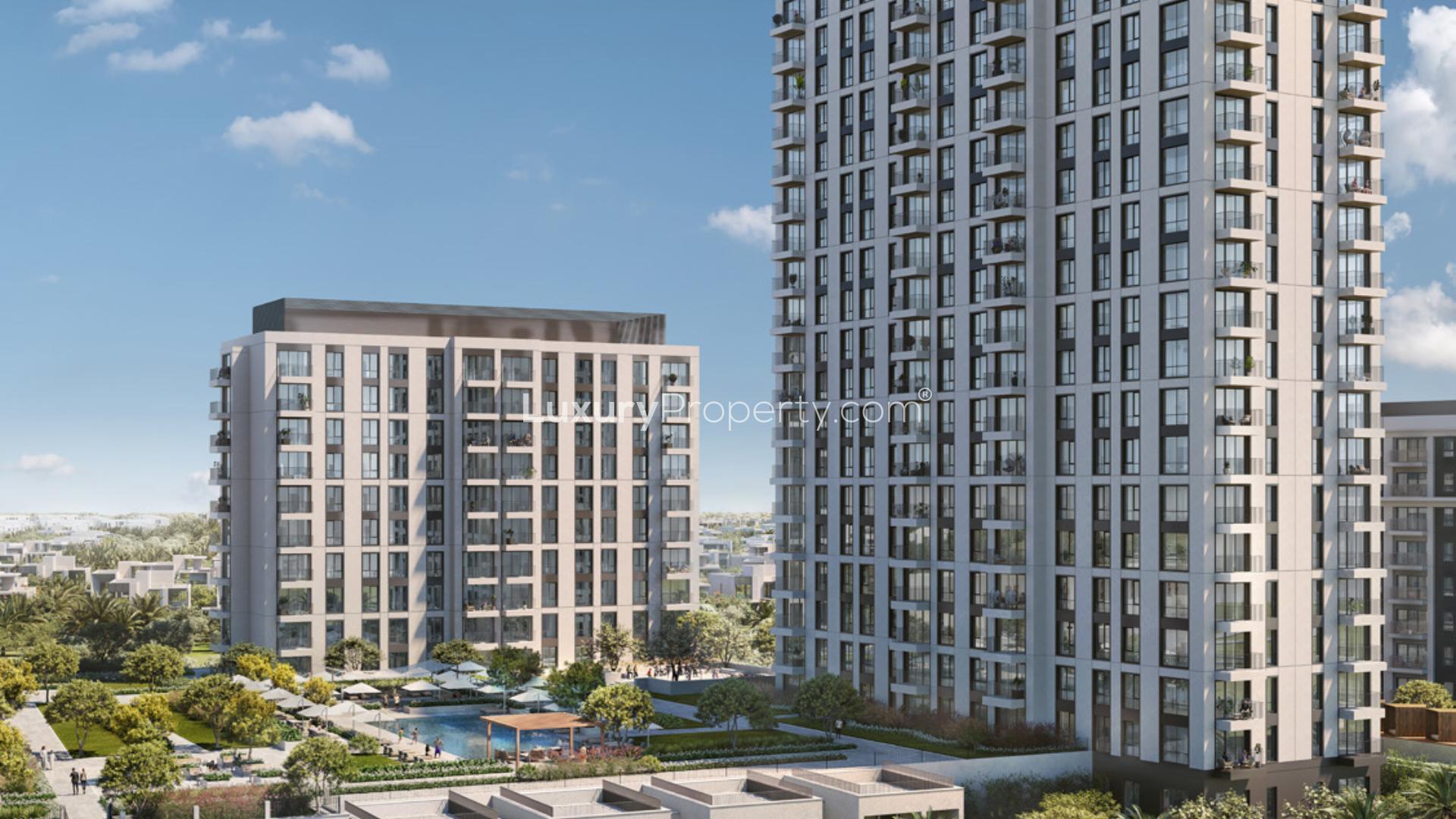 Balcony view of park from two-bed apartment in Park Horizon, Dubai Hills Estate