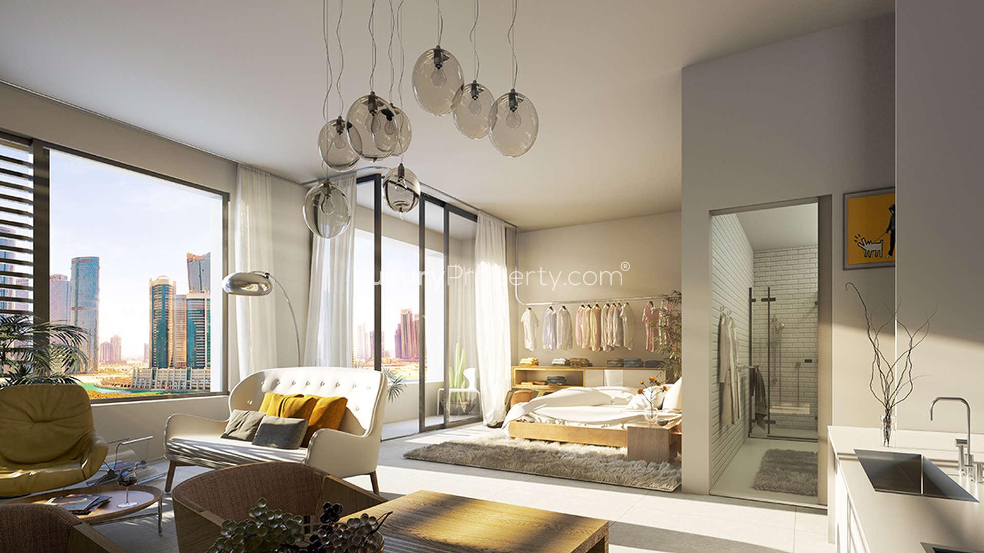 Modern living room and kitchen in two-bedroom apartment, Al Reem Island, Pixel, for sale