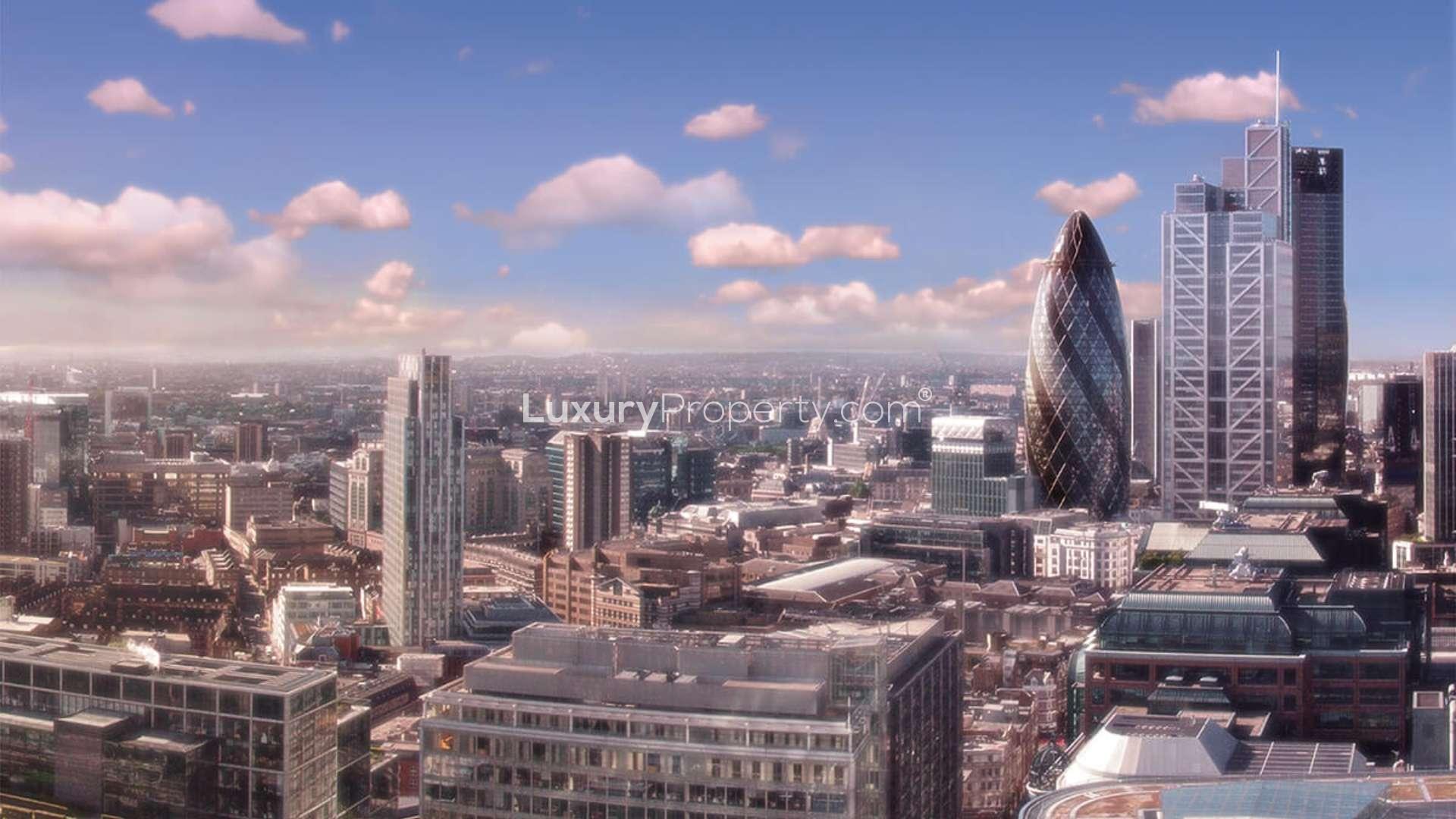 Modern Shoreditch apartment interior with city view, open-plan living area, and sleek kitchen