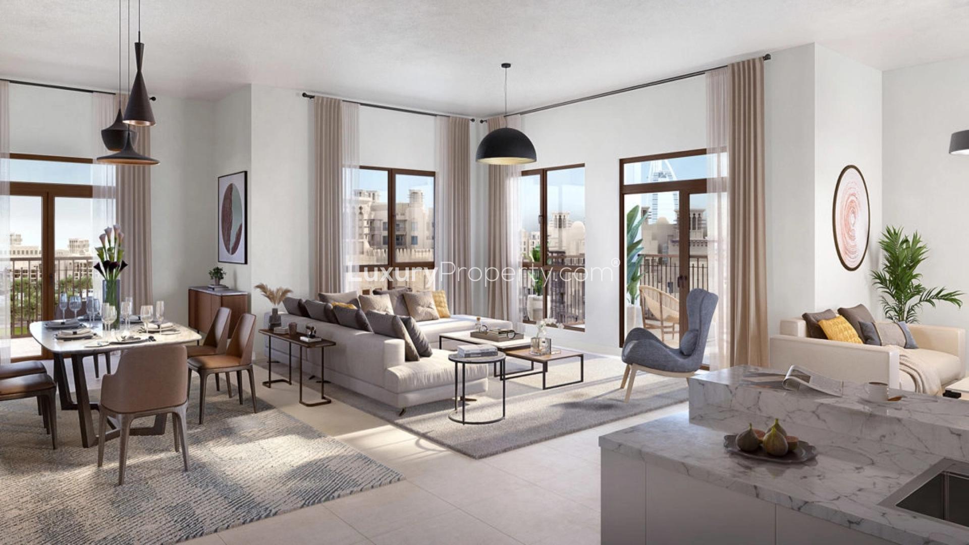 Stunning park view apartment in Madinat Jumeirah Living, Umm Suqeim, surrounded by lush greenery