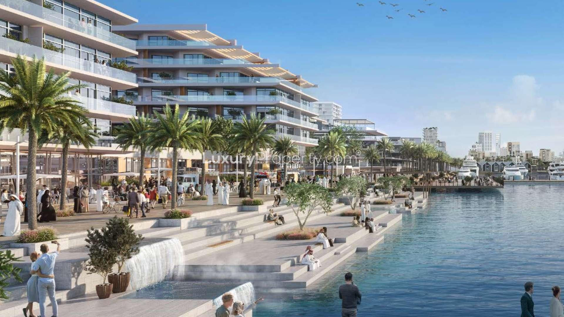 "Luxurious yachts docked at Seagate Marina, Mina Rashid with modern residential apartments view.",Modern waterfront apartment at Rashid Yachts & Marina, Mina Rashid, with luxury amenities