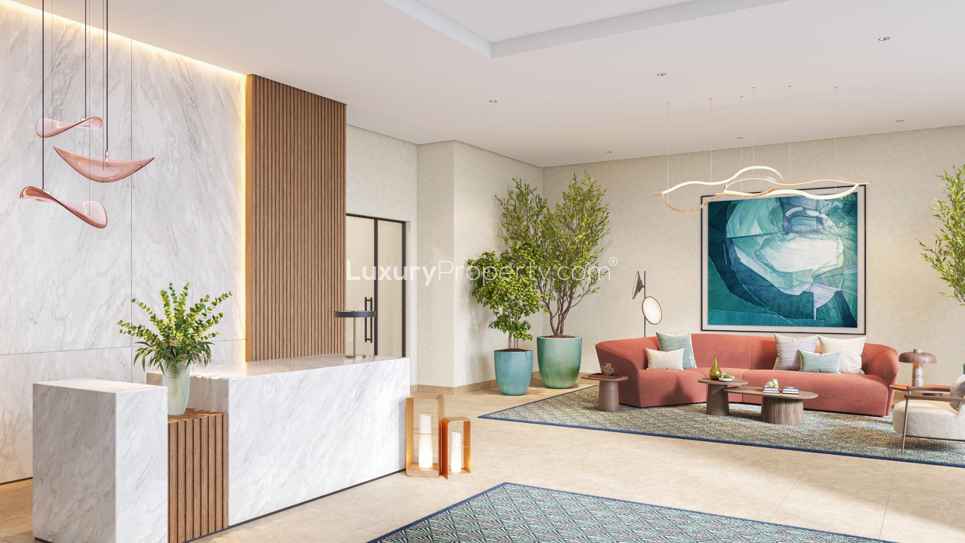 Modern living room in Seascape Mina Rashid apartment with stylish decor and artwork