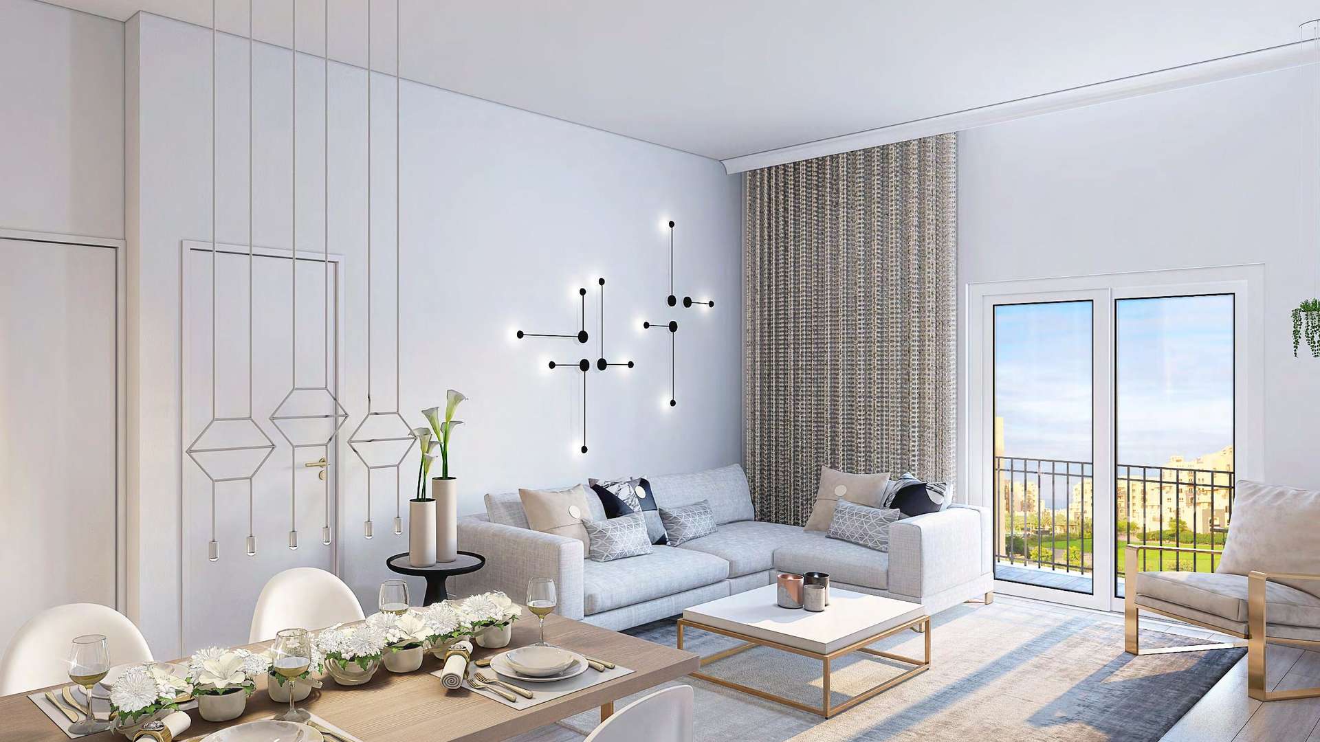 Contemporary living room with modern decor in Remraam, Dubailand two-bedroom apartment for sale