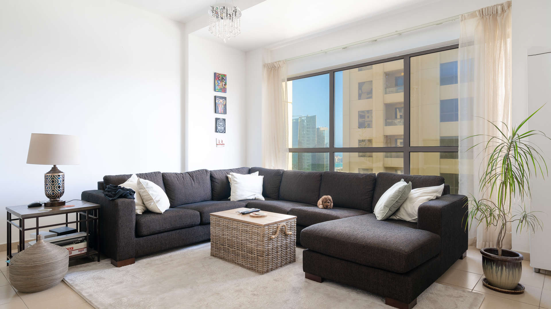 Luxurious bedroom in Rimal apartment, Jumeirah Beach Residence, with balcony view