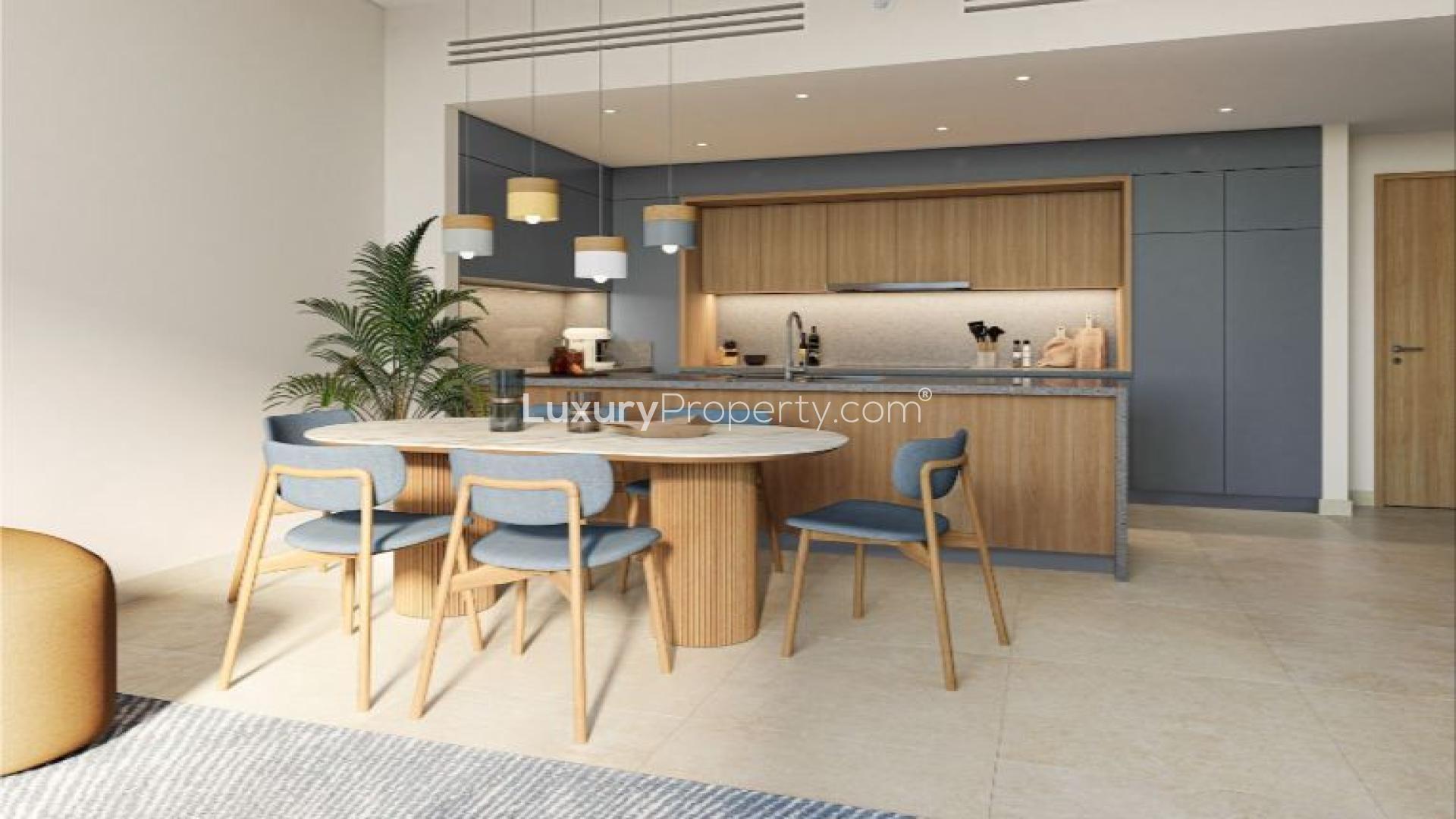 Modern bedroom in Dubai Design District apartment with city view and stylish decor