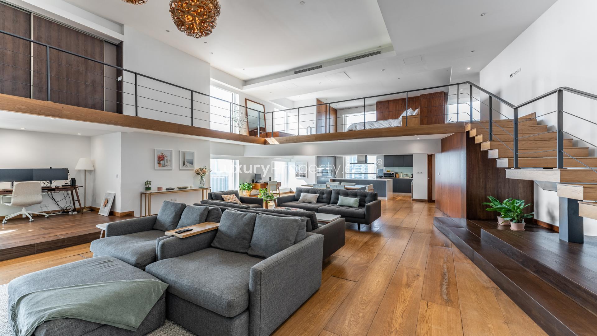 Luxurious bedroom in modern 2-bedroom apartment, Sadaf, Jumeirah Beach Residence, with elegant wood flooring