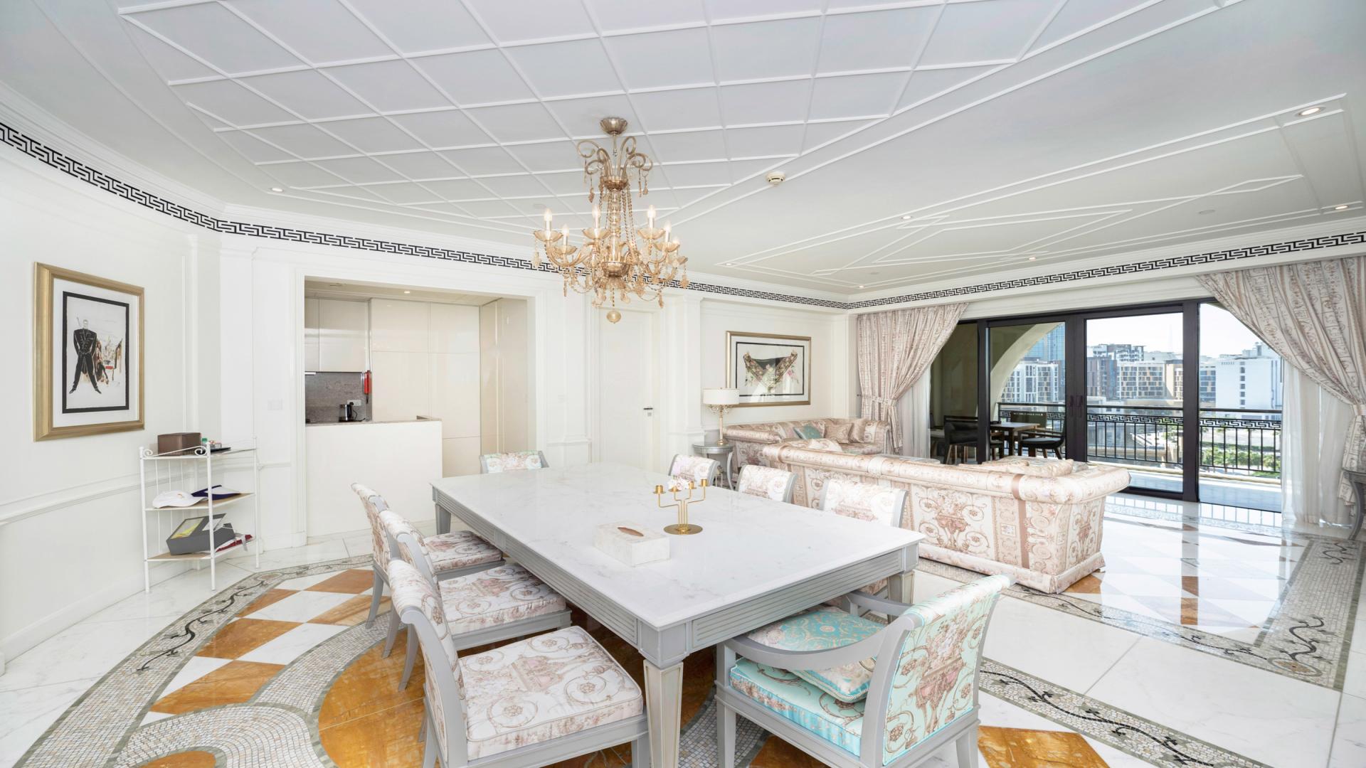 Aerial view of Palazzo Versace apartment pool area in Culture Village, Dubai