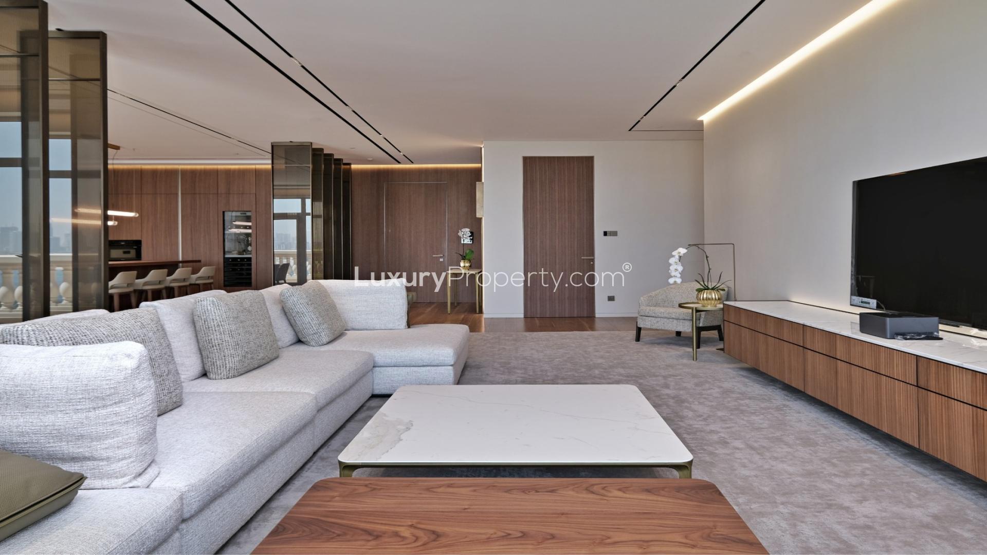 Modern living and dining area in luxury Palm Jumeirah apartment, Raffles Residences