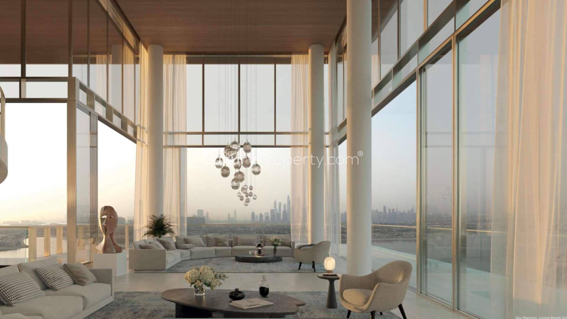 Contemporary beachfront apartment living room with ocean view at Serenia Living, Palm Jumeirah