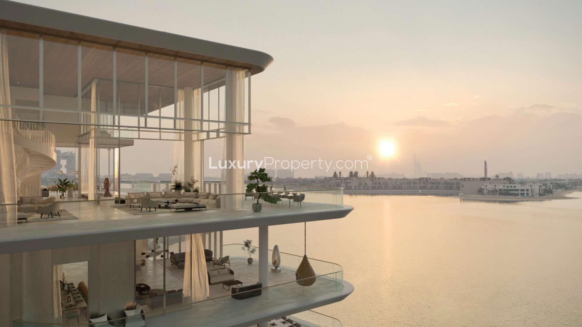 Contemporary living room with panoramic views in beachfront apartment, Palm Jumeirah, Serenia Living