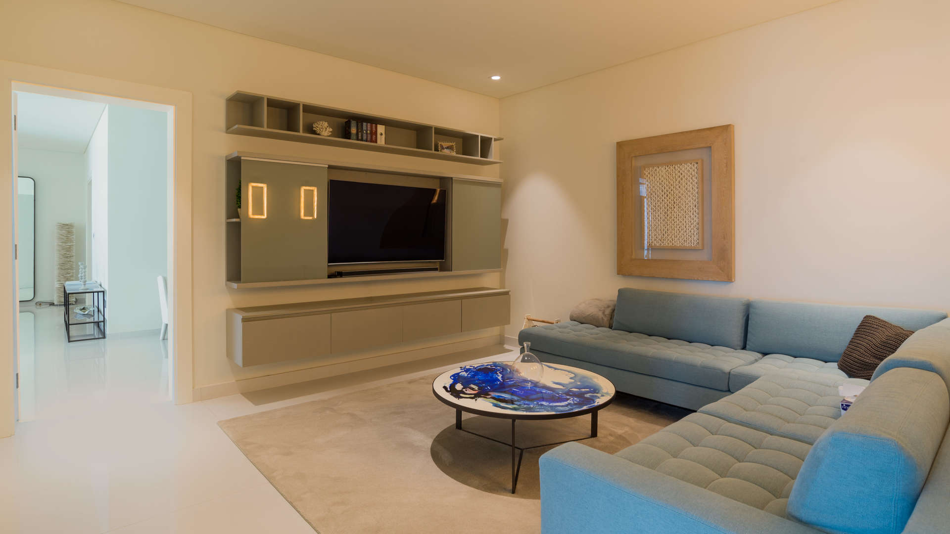 Luxurious living room in Serenia Residences, Palm Jumeirah apartment with modern decor and furnishings