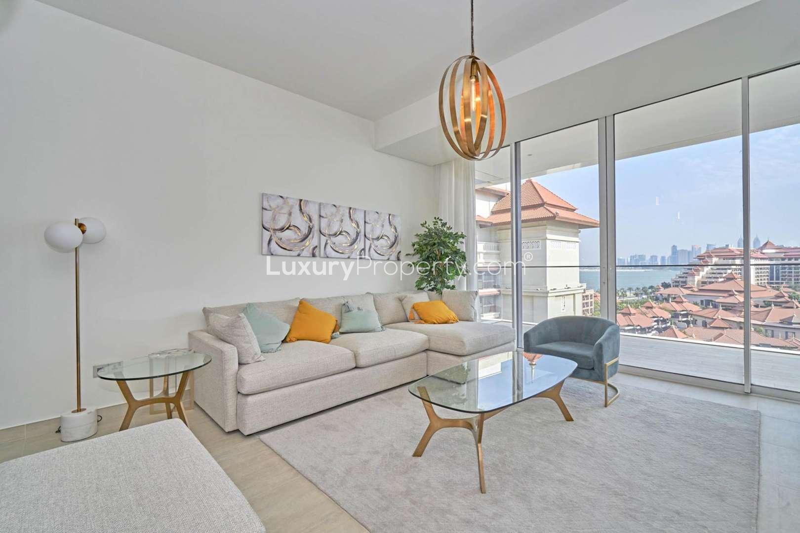 Luxury living room in Serenia Residences apartment, Palm Jumeirah, with sea view and decor