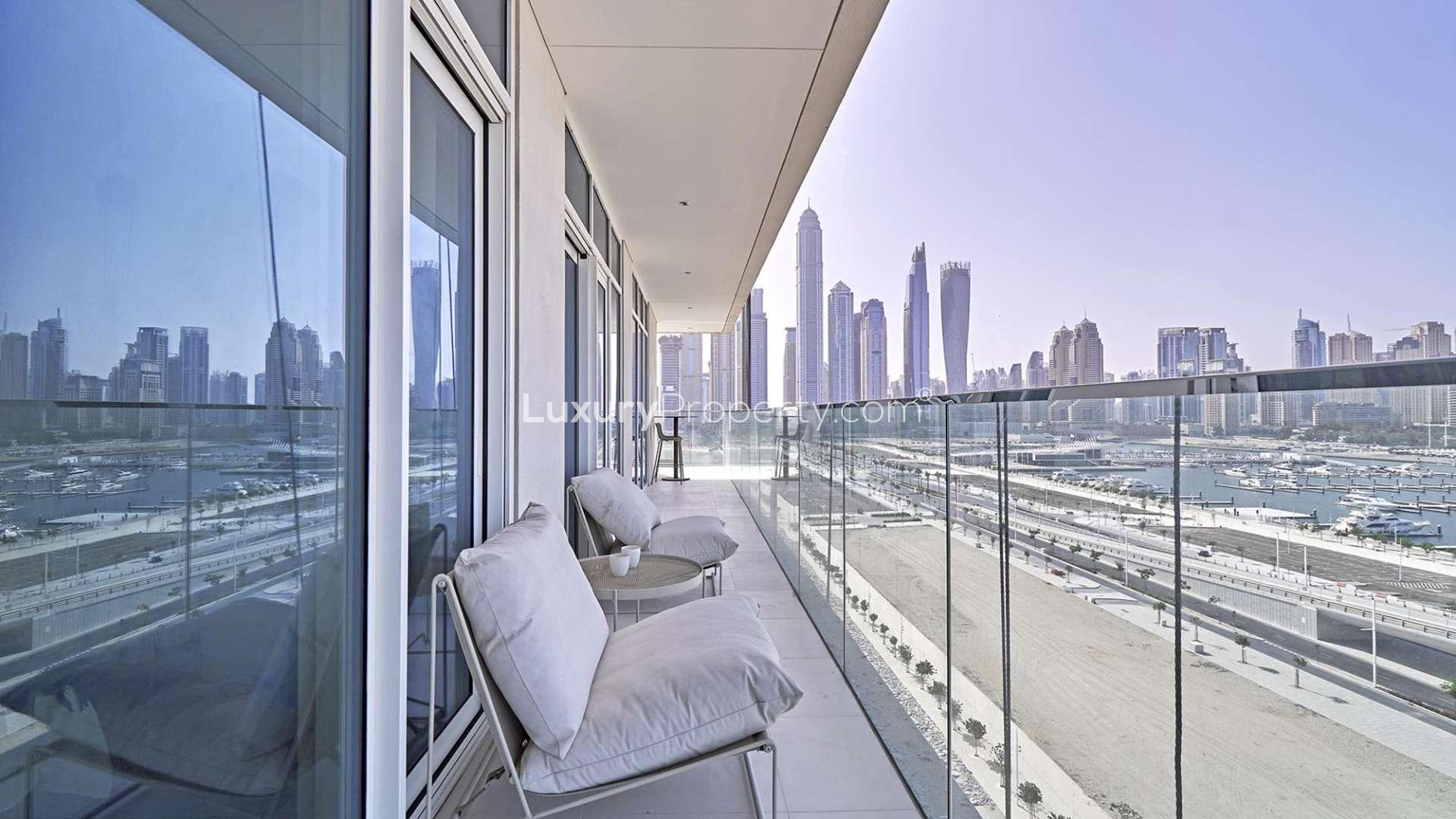 Stylish living room with panoramic views at Emaar Beachfront, Dubai Harbour apartment for sale