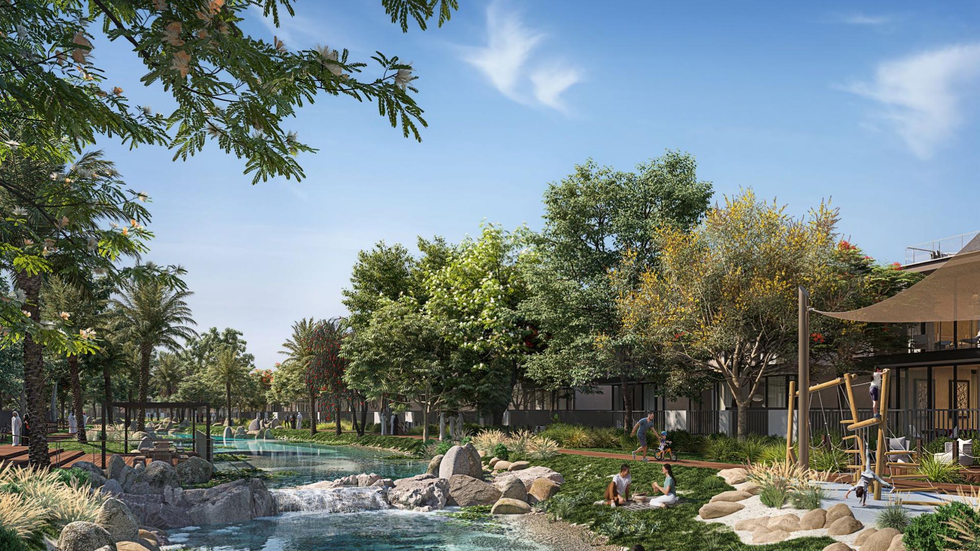 Modern luxury apartment exterior in Shoreline Apartments, Palm Jumeirah, surrounded by lush greenery