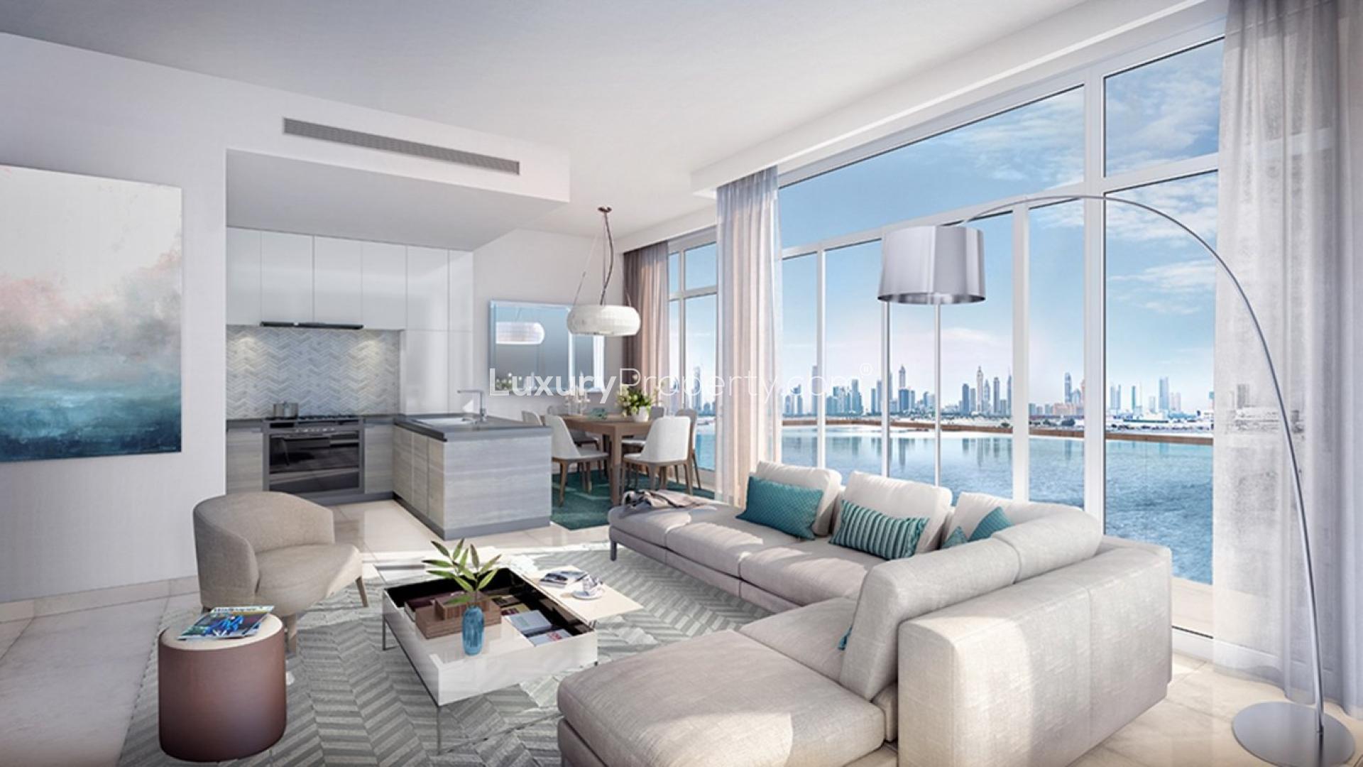 Luxurious waterfront apartment living room with skyline view in The Cove II, Dubai Creek Harbour