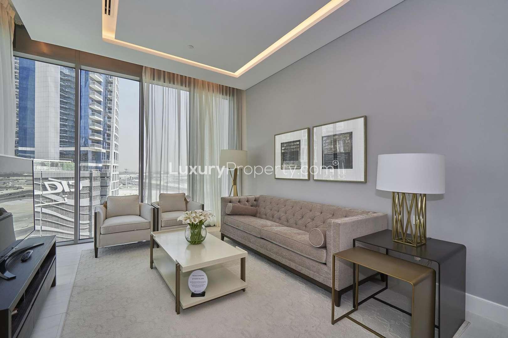 Elegant living room in 2-bedroom duplex, SLS Dubai Residences, Business Bay apartment for sale
