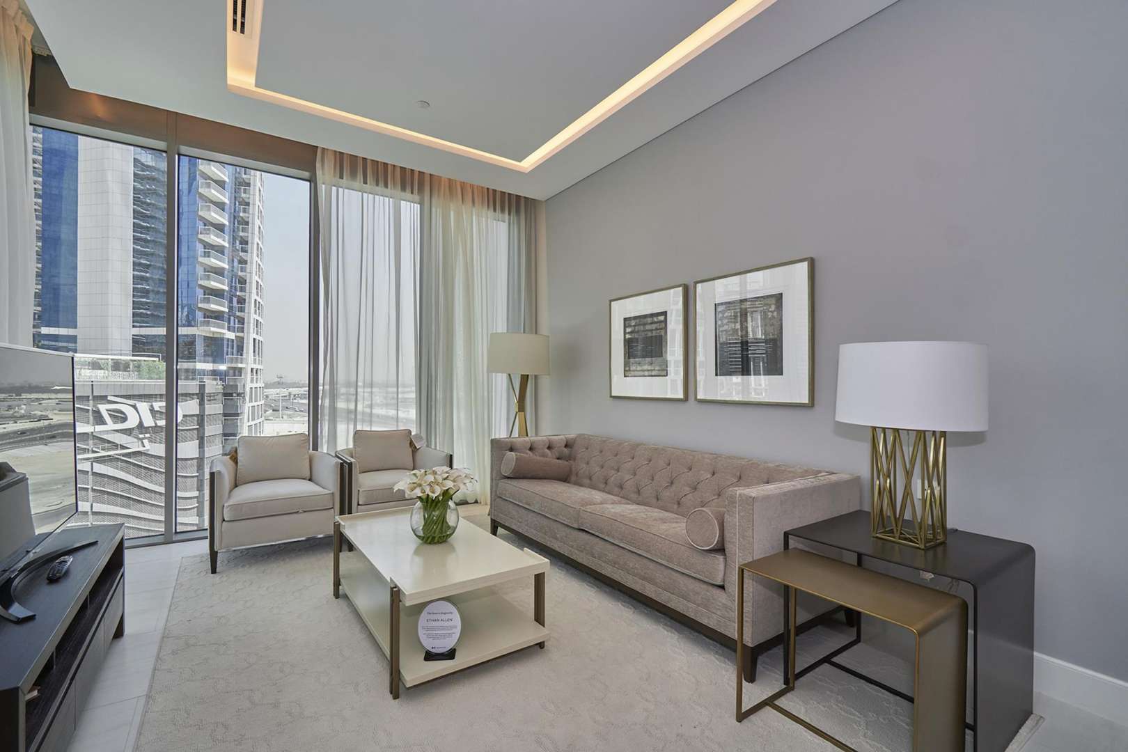 Elegant living room in 2-bedroom duplex, SLS Dubai Residences, Business Bay apartment for sale