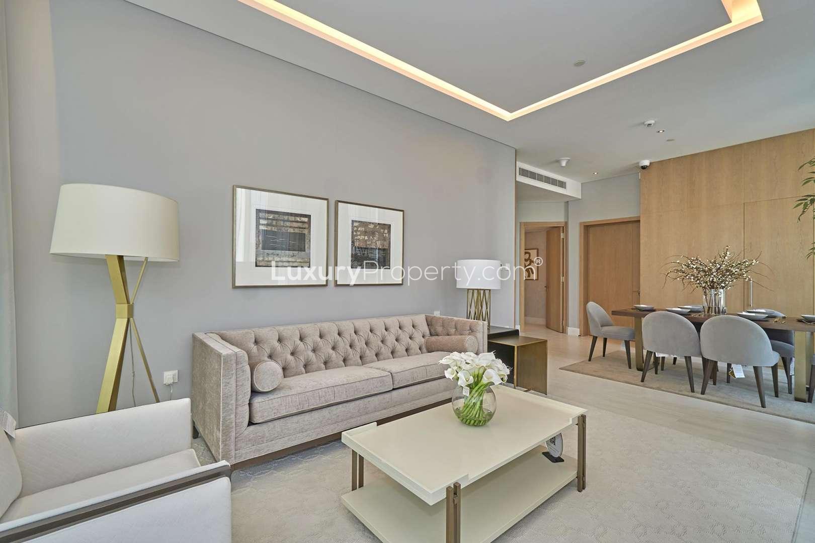 Elegant living and dining area in 2-bedroom duplex, SLS Dubai Residences, Business Bay