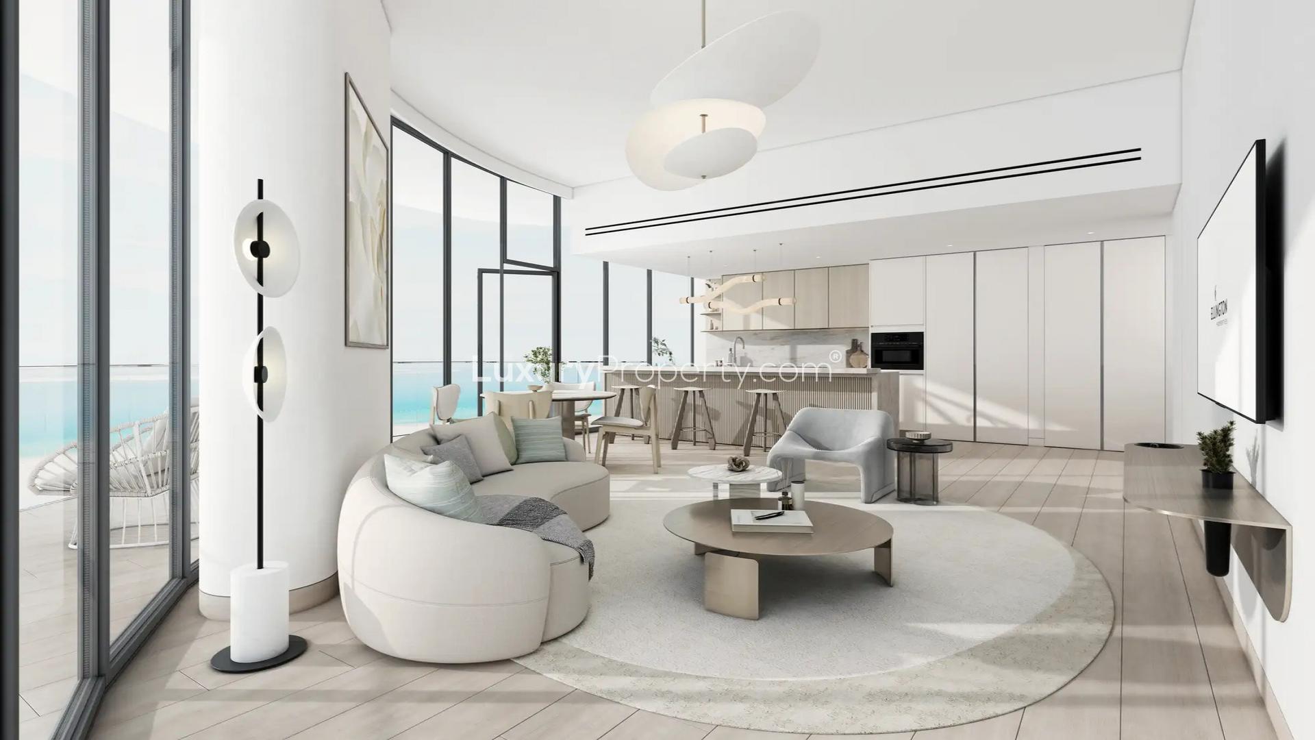 Luxurious open-plan living room in Ellington Views 2 apartment, Al Hamra Village, with sea view