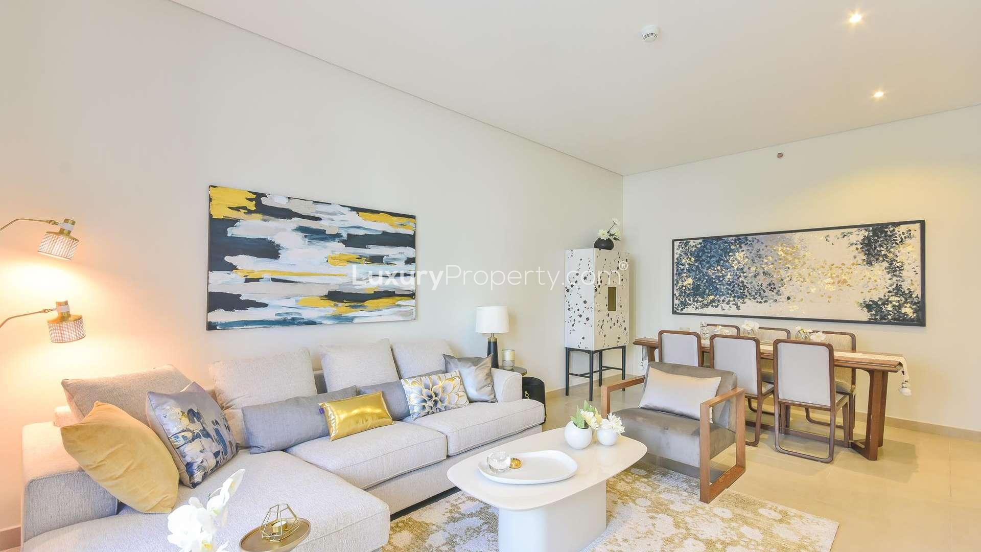 Modern living and dining area in two-bedroom apartment, Sparkle Towers, Dubai Marina