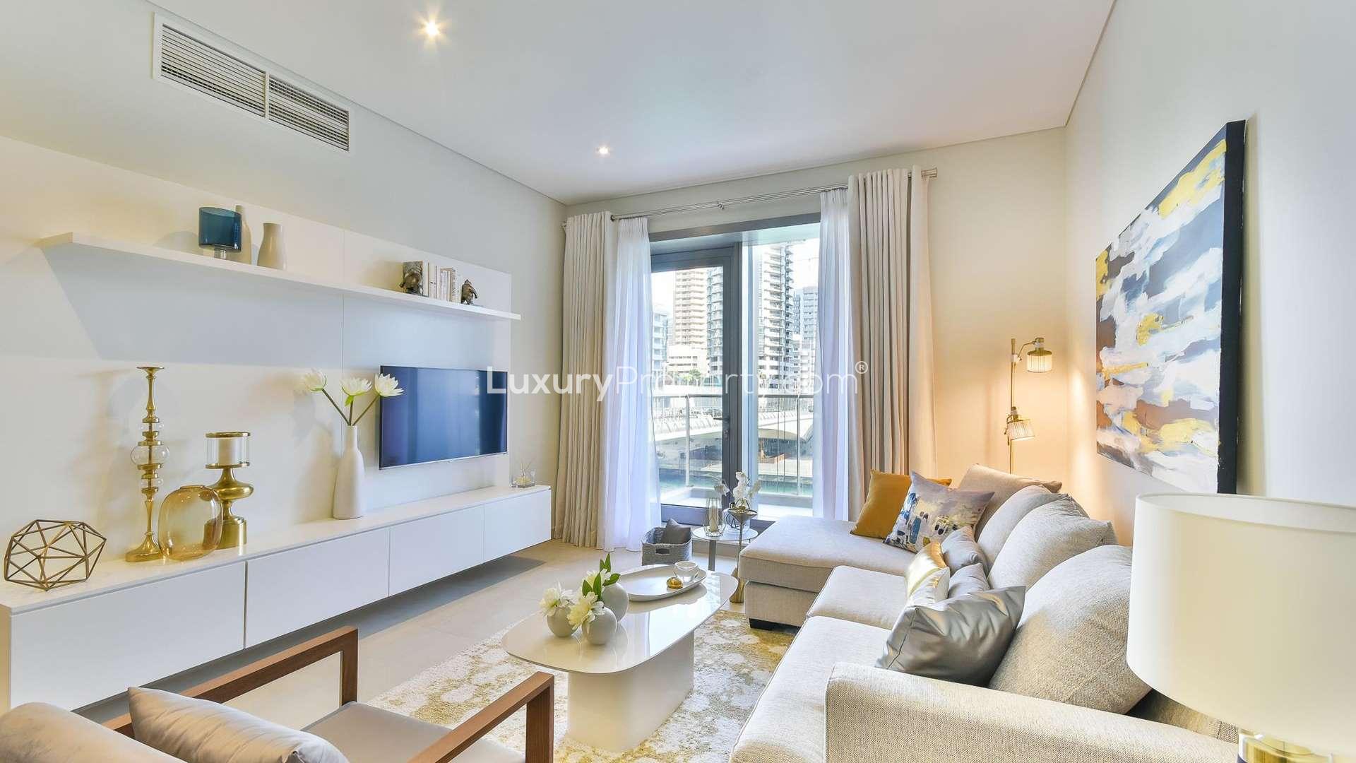 Elegant living and dining area in two-bedroom apartment, Sparkle Towers, Dubai Marina for rent