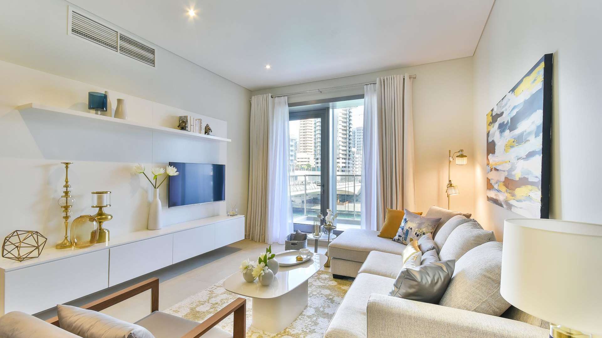 Elegant living and dining area in two-bedroom apartment, Sparkle Towers, Dubai Marina for rent