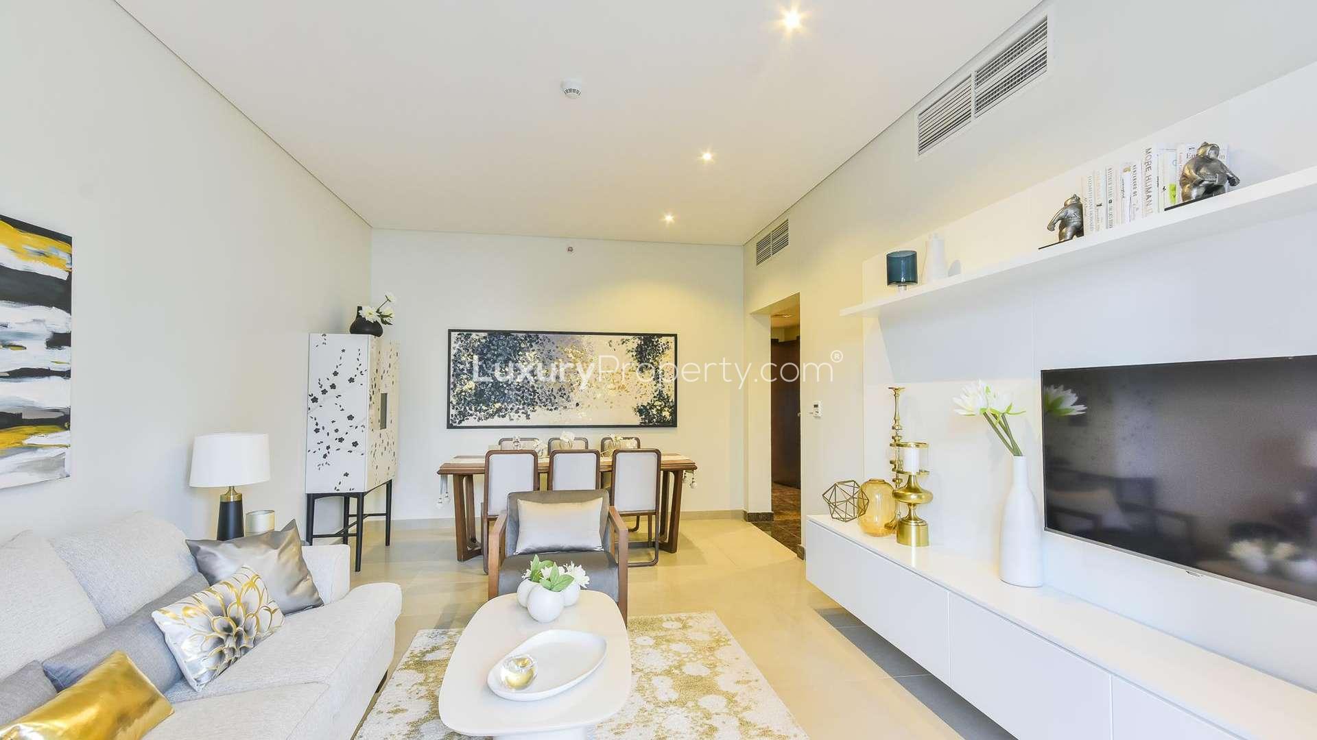 Elegant living room in two-bedroom apartment, Sparkle Towers, Dubai Marina, available for rent