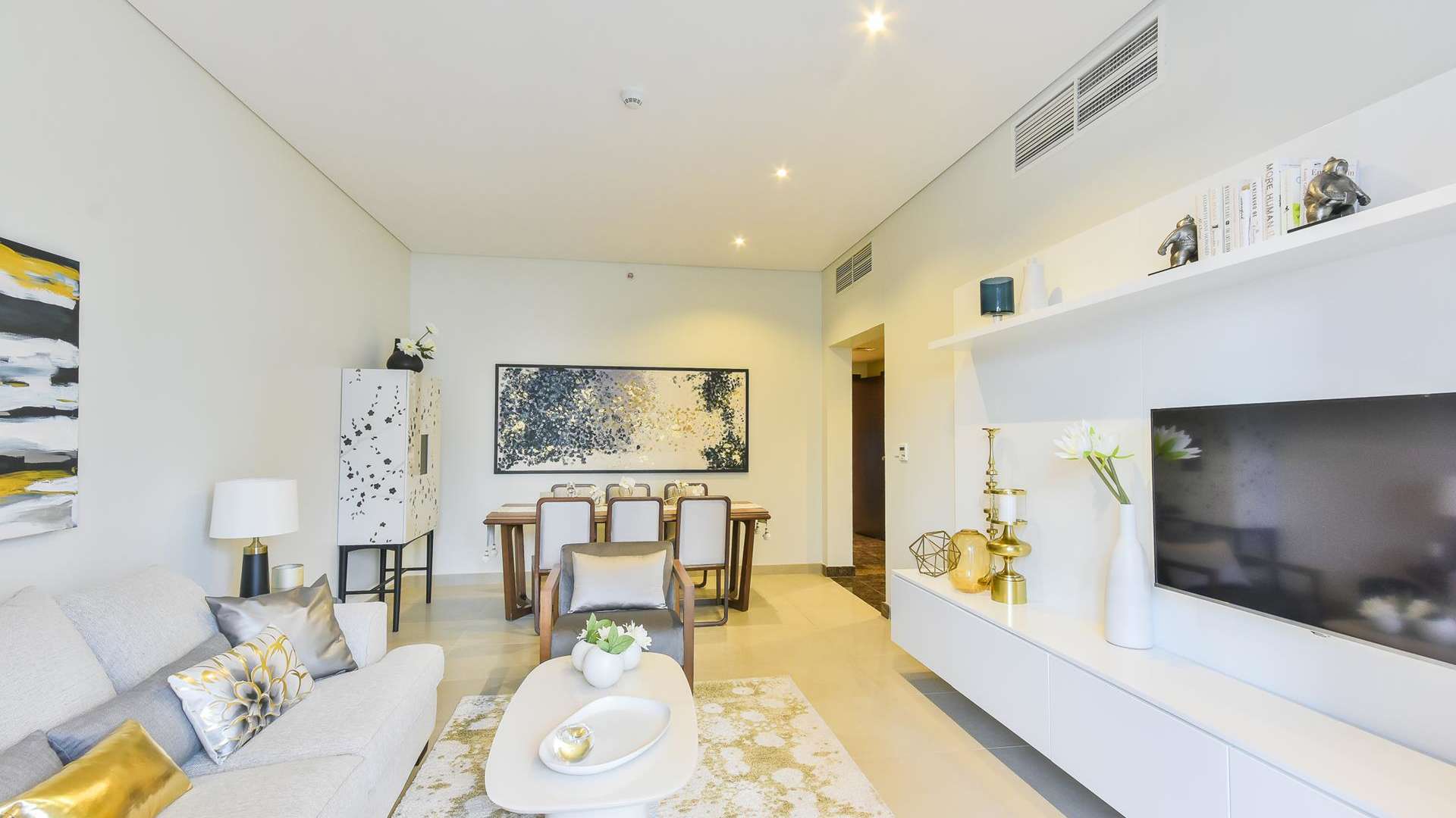 Elegant living room in two-bedroom apartment, Sparkle Towers, Dubai Marina, available for rent