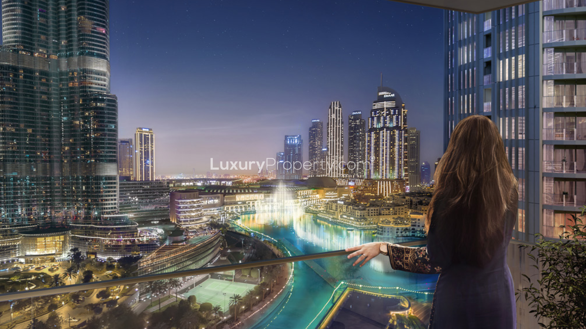 Aerial view of luxury apartments in Burj Khalifa Area, Downtown Dubai skyline