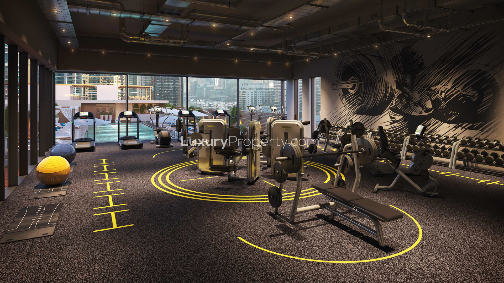 Modern kitchen in two-bedroom apartment, Studio One, Dubai Marina with city skyline view