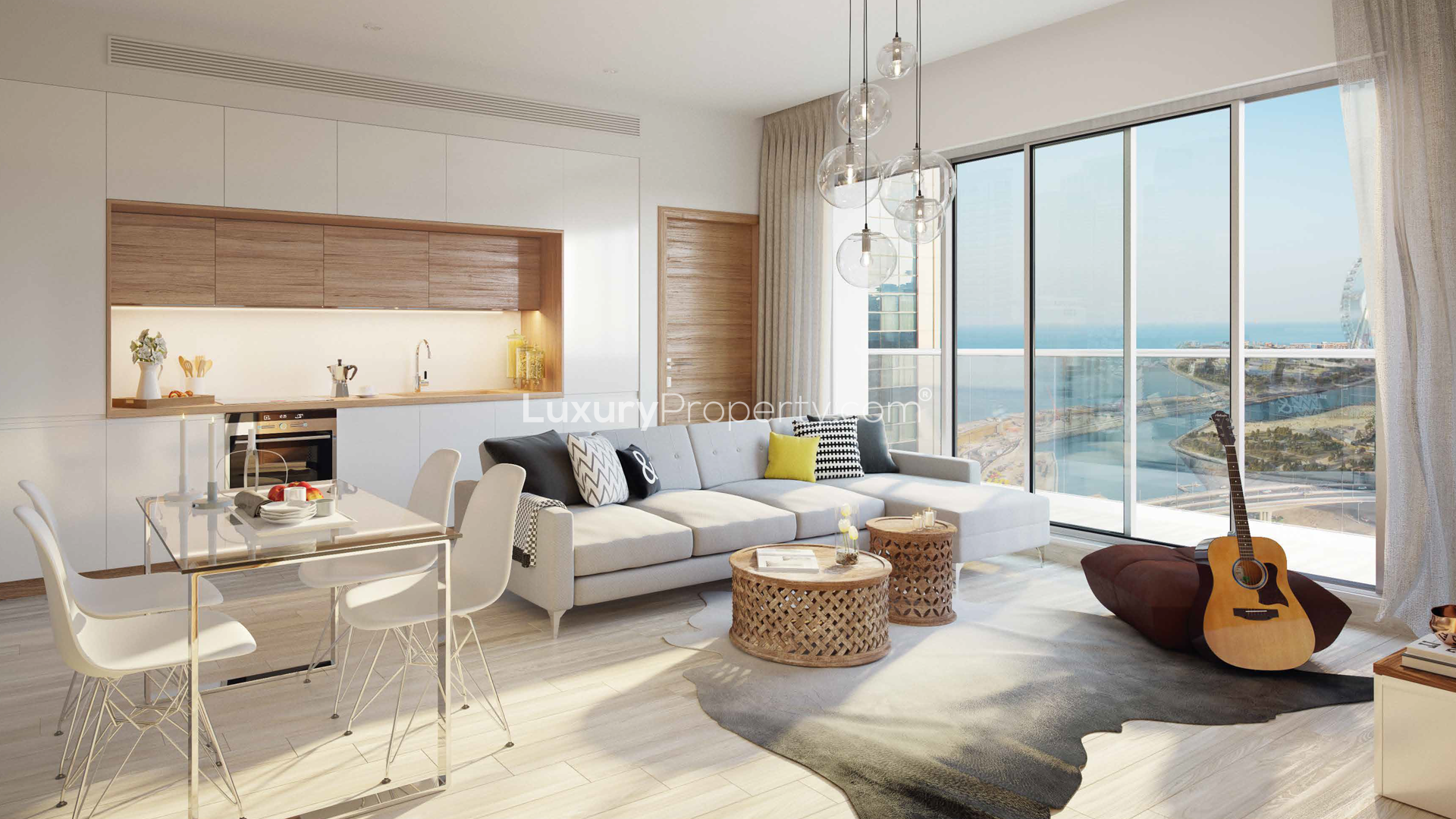 Modern lobby of Studio One, Dubai Marina apartment for sale, vibrant decor and seating area