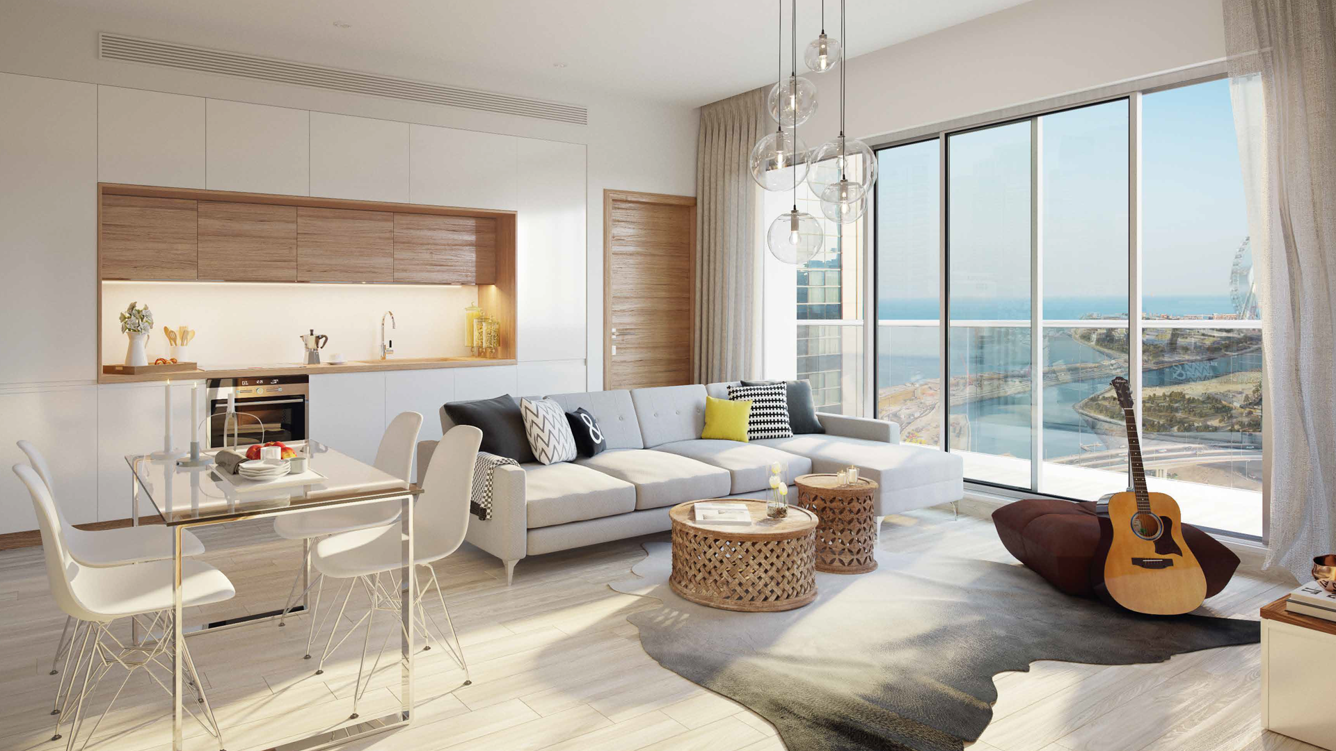 Modern lobby of Studio One, Dubai Marina apartment for sale, vibrant decor and seating area