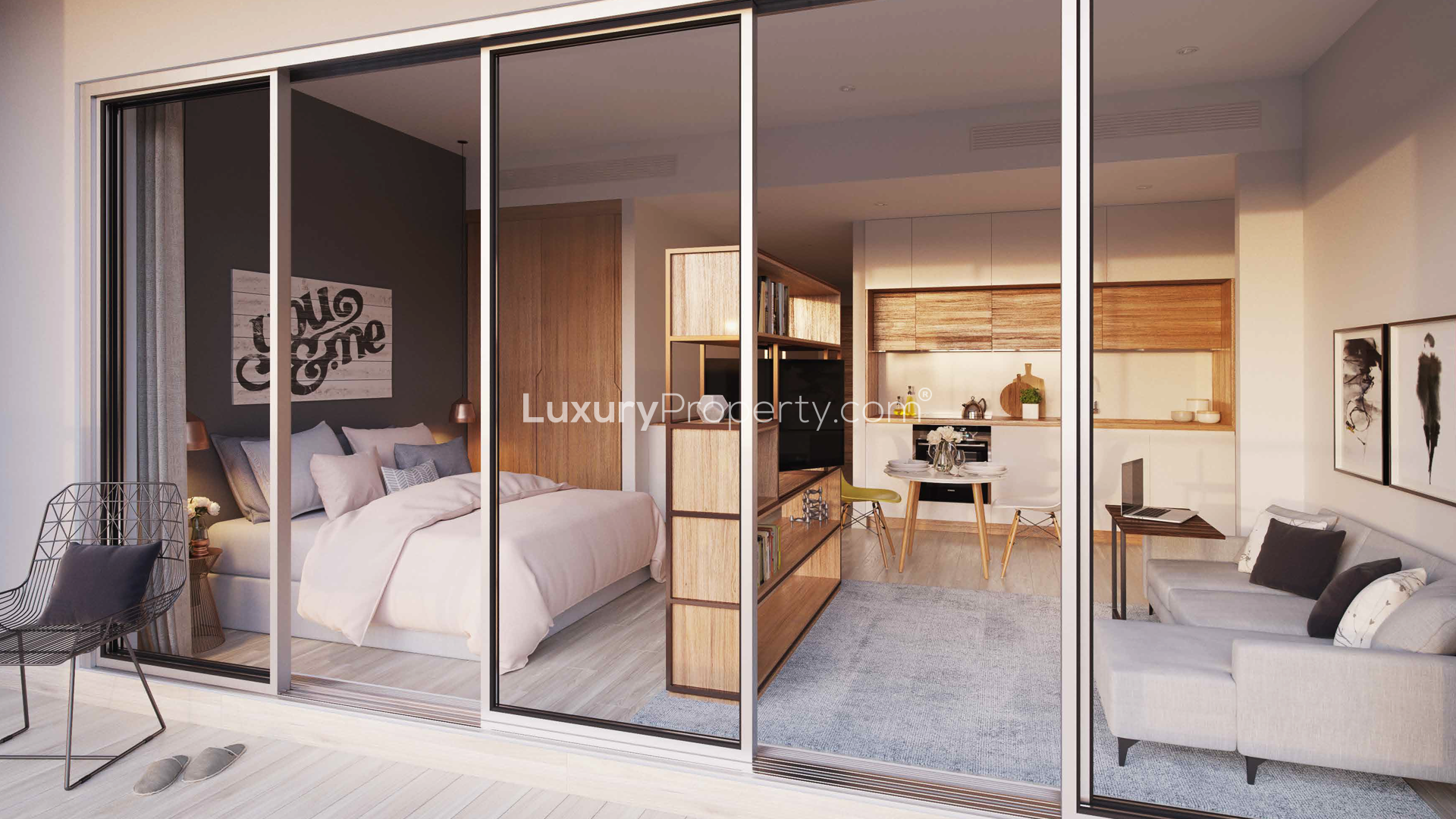 Modern gym in Studio One apartment, Dubai Marina, with city views and fitness equipment