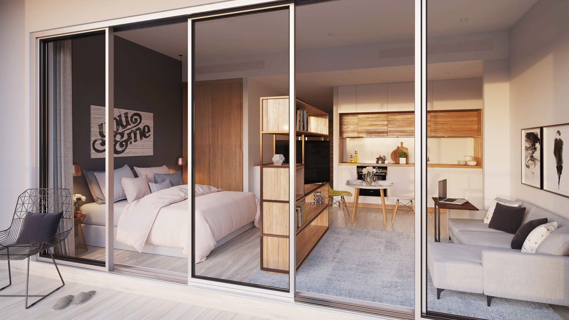 Modern gym in Studio One apartment, Dubai Marina, with city views and fitness equipment