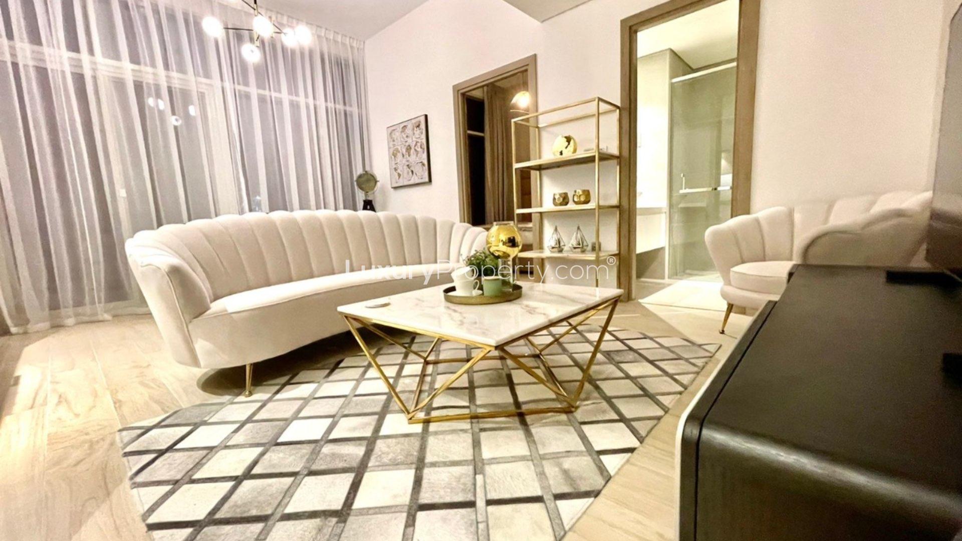 Modern bedroom with elegant decor in Studio One apartment, Dubai Marina