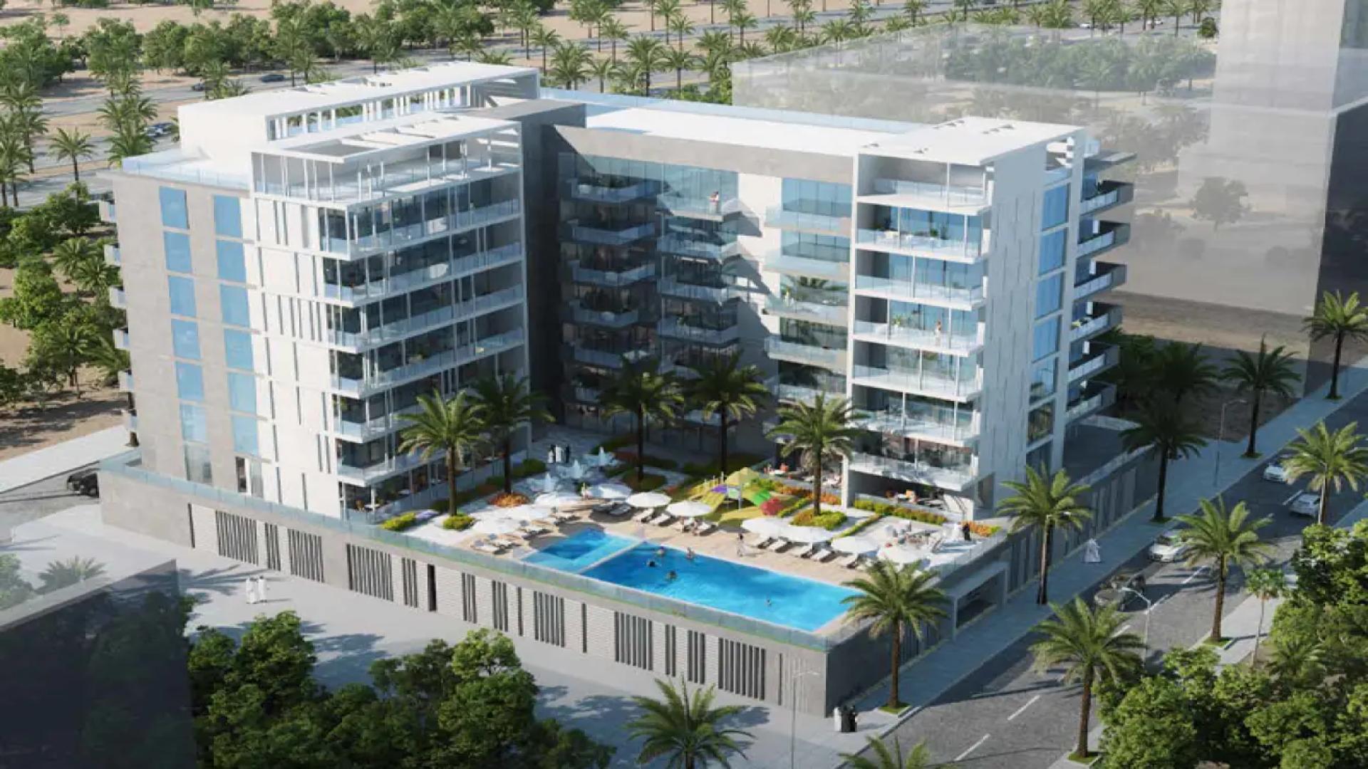 Modern apartment exterior with poolside view at Amalia Residences, Al Furjan