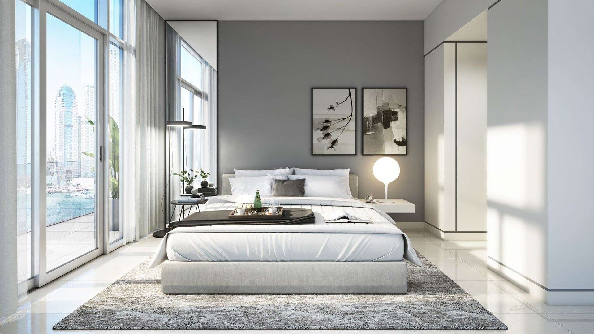 Luxury bedroom with modern decor in Sunrise Bay apartment, Emaar Beachfront, Dubai Harbour