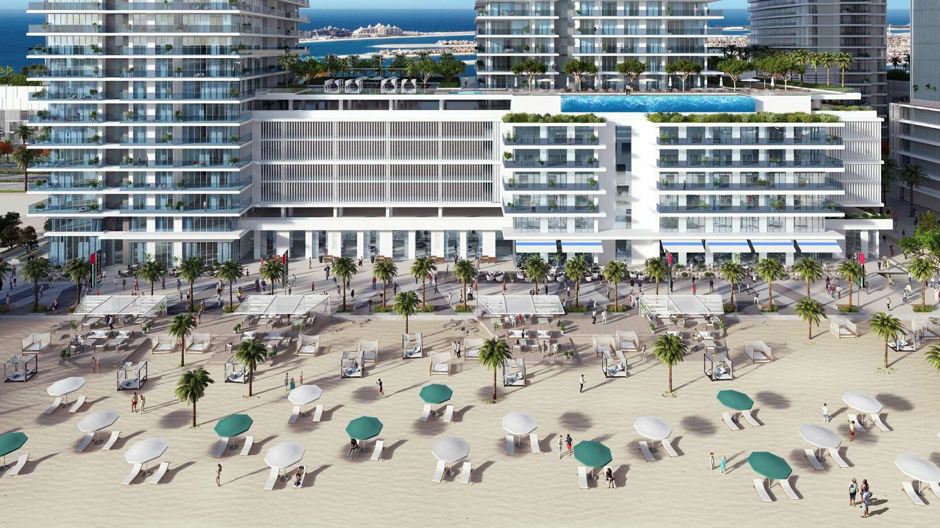 "Luxury beachfront apartment balcony view at Emaar Beachfront, Dubai Harbour, overlooking turquoise sea.",Luxury beachfront apartment complex at Emaar Beachfront, Dubai Harbour, with scenic ocean views