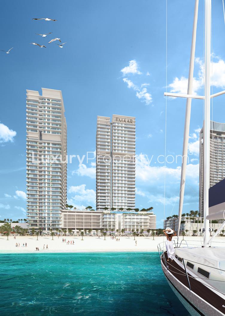 Modern bathroom in 2-bedroom apartment, Emaar Beachfront, Dubai Harbour, with sleek fixtures
