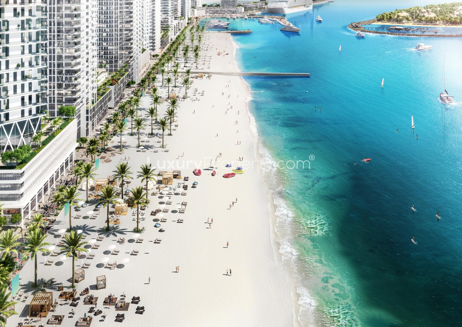 Luxury beachside apartment towers at Emaar Beachfront, Dubai Harbour, view from the ocean