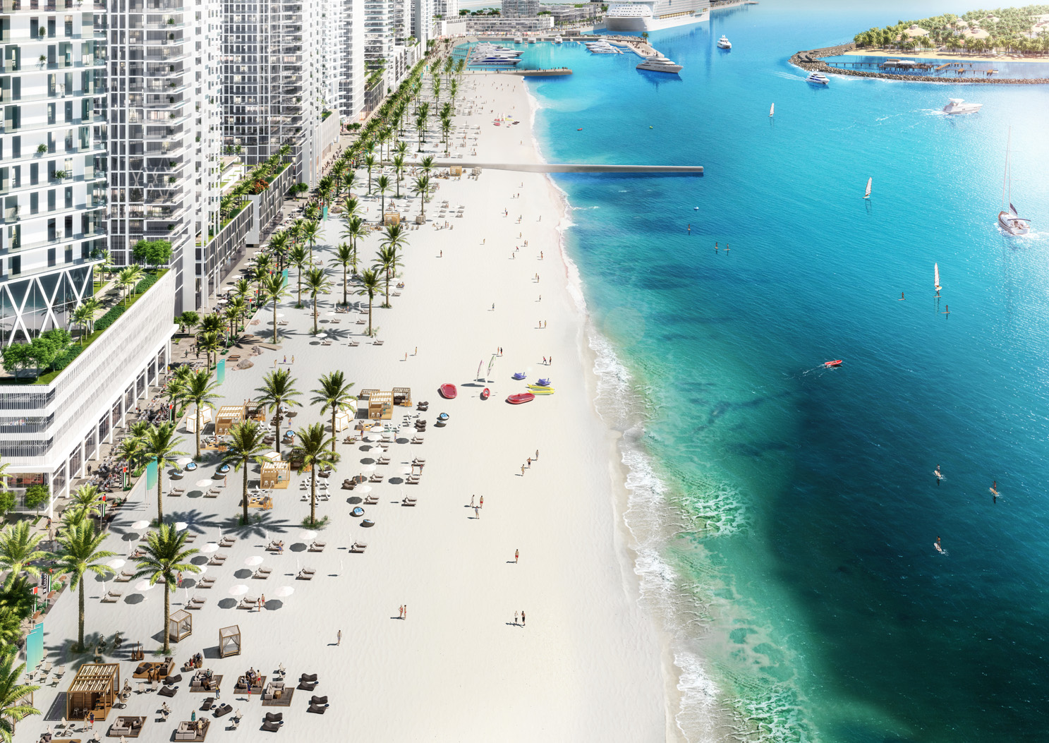 Luxury beachside apartment towers at Emaar Beachfront, Dubai Harbour, view from the ocean