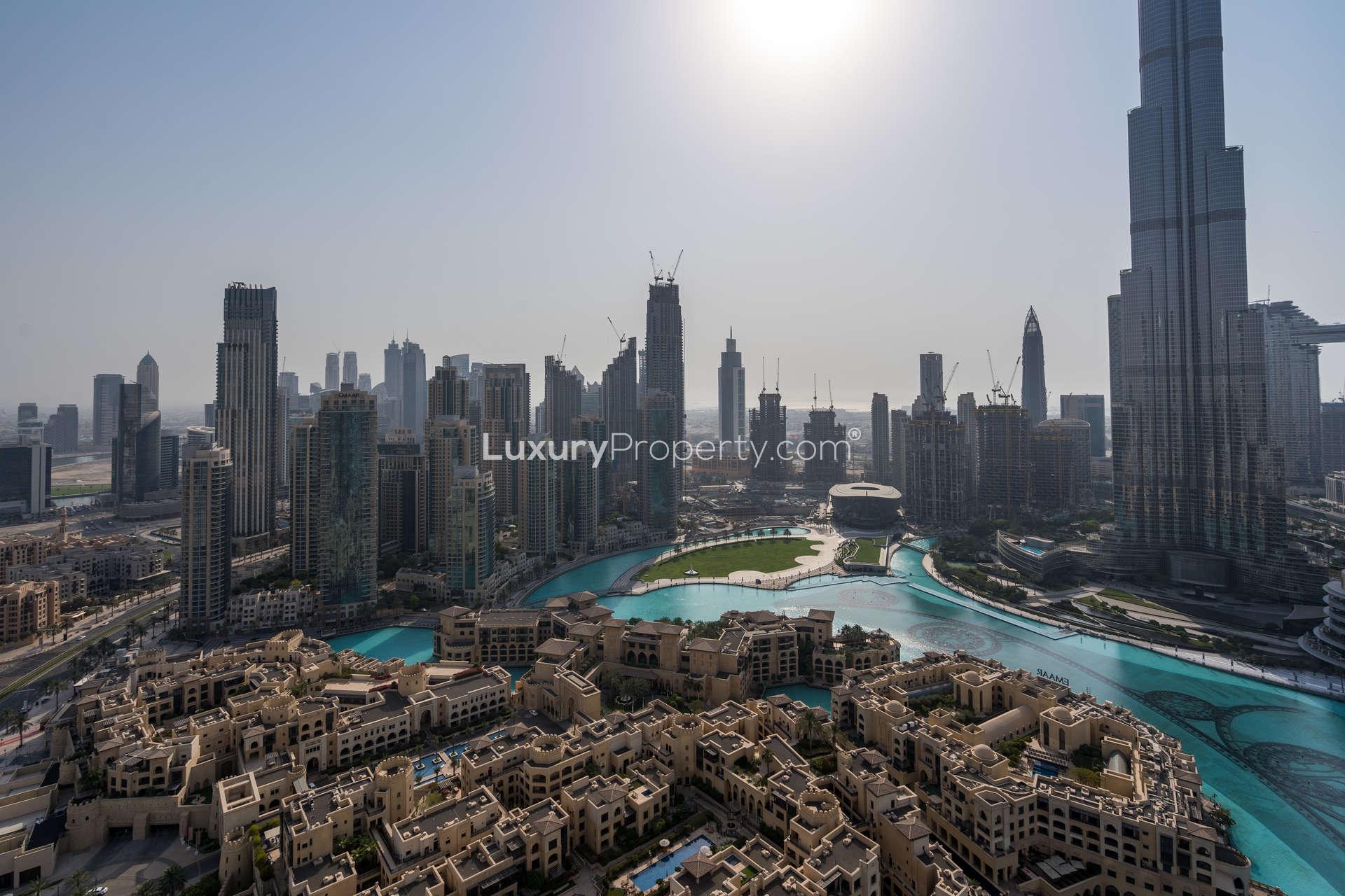 Luxurious apartment balcony view of Downtown Dubai skyline at The Address Downtown