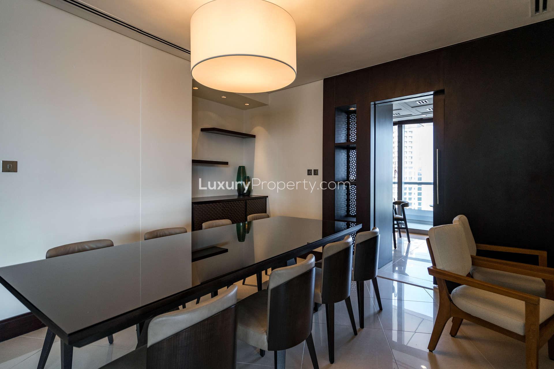 Aerial view of Downtown Dubai skyline and Burj Khalifa near The Address Downtown apartment