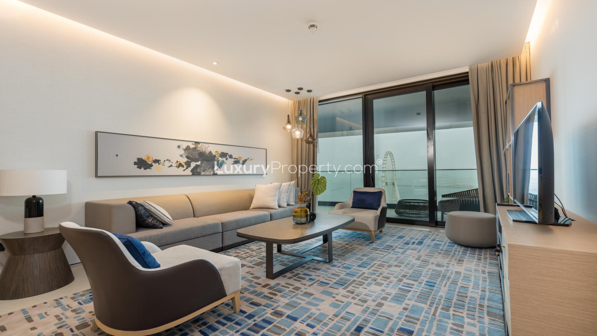 "Balcony view from JBR apartment overlooking Ain Dubai and beachfront, LP13982 for sale.",Modern living room in JBR apartment, elegant decor, large windows, contemporary furniture
