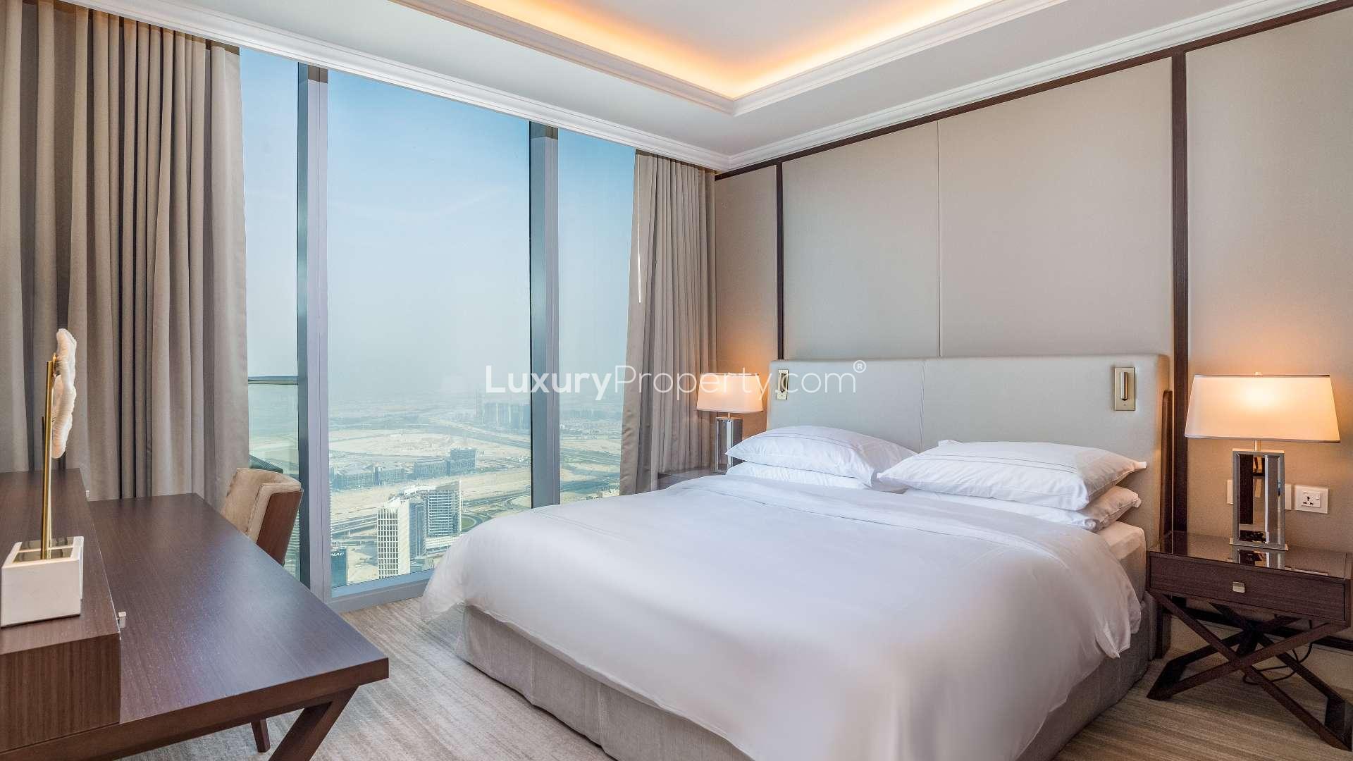 Furnished bedroom with city view in Address Fountain Views apartment, Downtown Dubai