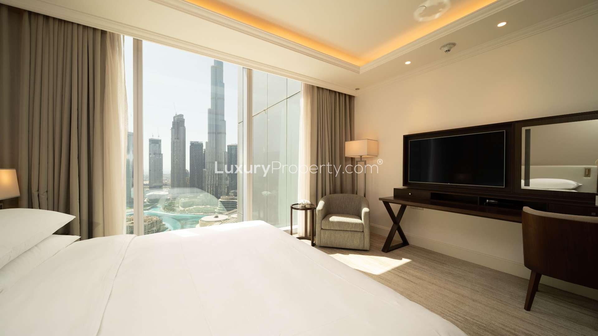 Luxurious bedroom with Burj Khalifa views in The Address Residence Fountain Views, Downtown Dubai