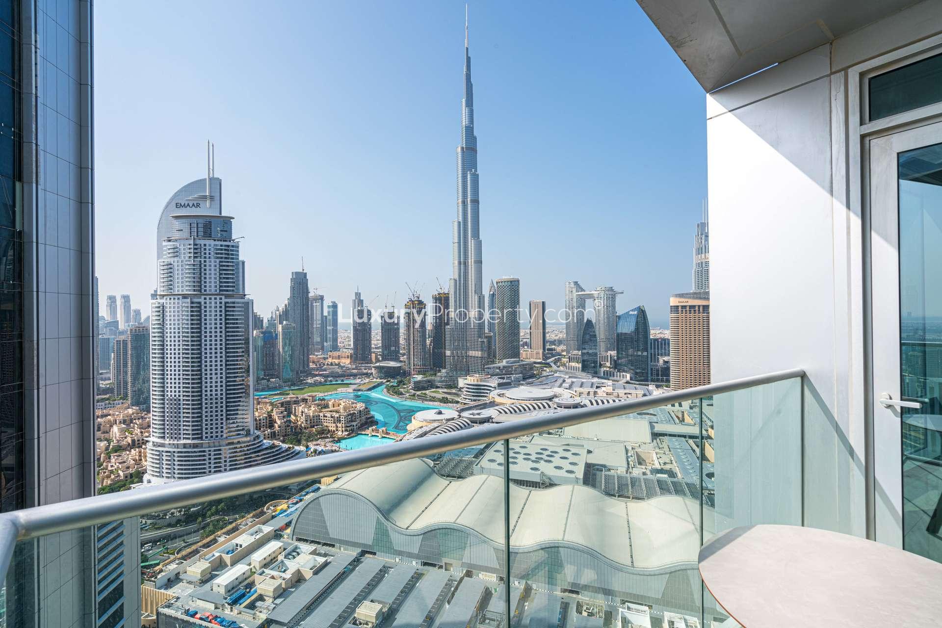 Fully furnished living room in 2-bedroom apartment, Fountain Views, Downtown Dubai, skyline view