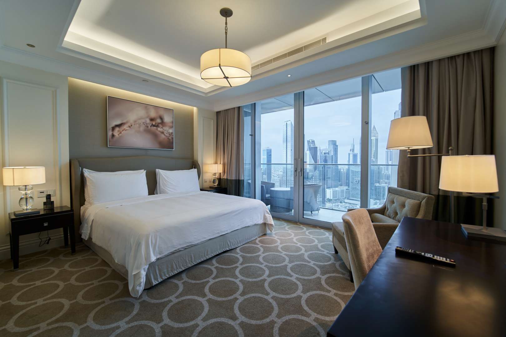 "Elegant hallway in luxury Downtown Dubai apartment, The Address The BLVD, for sale.",Luxury high-floor apartment bedroom with DIFC view in The Address The BLVD, Downtown Dubai